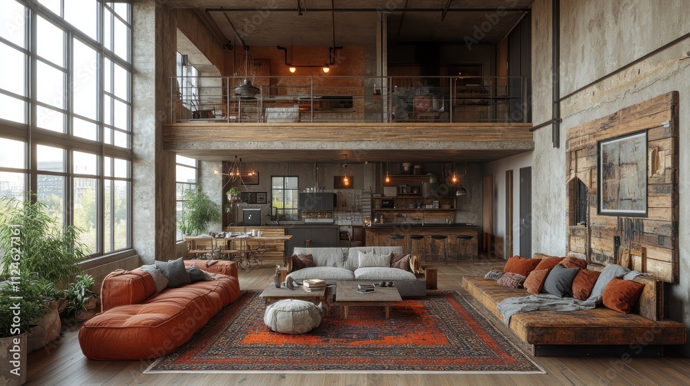 Spacious modern living room with rustic elements and open kitchen. Spacious modern living room with rustic elements and open kitchen.