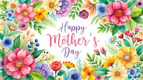 Aerial View of a Beautiful Watercolor Card for Happy Mother’s Day Surrounded by Lush Flowers, Ideal for Postcards, Banners, and Websites Celebrating Motherhood and Love