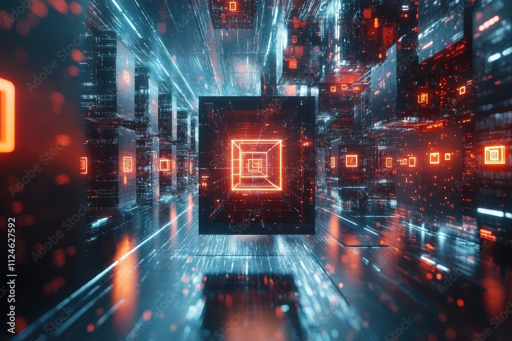 Abstract digital landscape with glowing cubes and lines, representing technology and data flow.