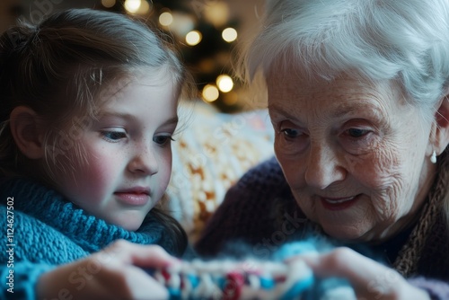 A senior woman teaching her granddaughter how to knit in a cozy living room. photo