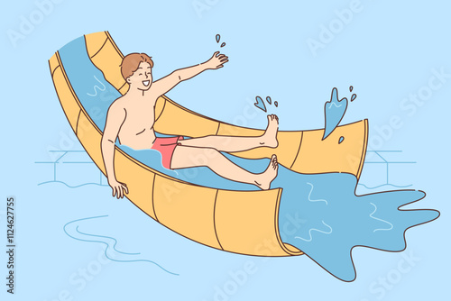 Man visitor to aquapark ride on water slide, enjoying summer holiday and being able to cool down