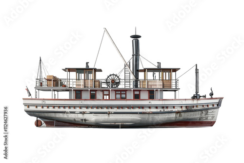 Hyperrealistic Side View of a Steamboat with Paddle Wheel: Perfect for Nautical Themes and Historical Illustrations