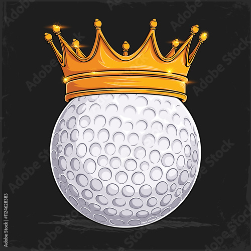 Hand drawn white sport dimpled golf ball with golden majestic royal crown, golf ball with crown