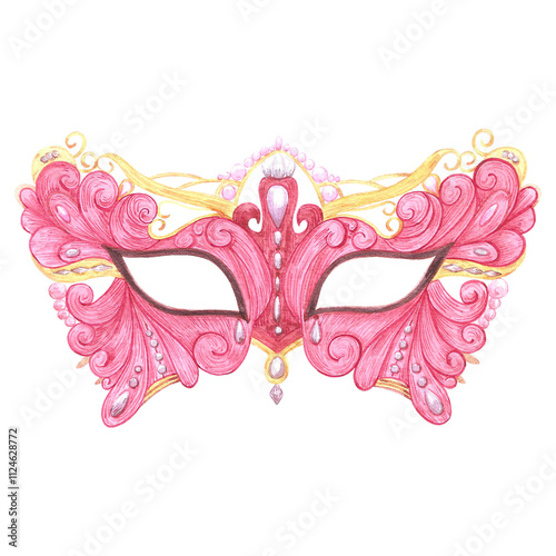 Carnival mask. Hand drawn watercolor masquerade illustration with pearls and golden beads isolated on white background. Can be used for postcard, label, scrapbook and other printed products.