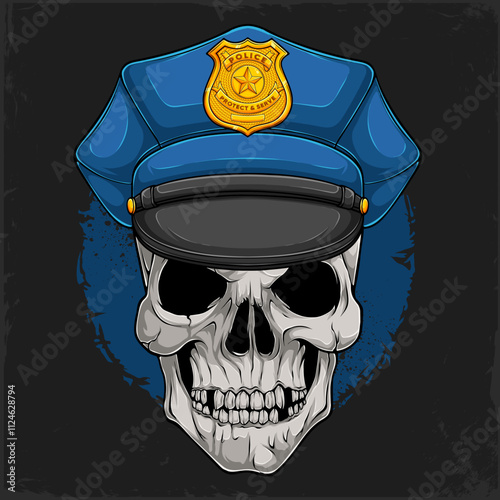 Hand drawn human skull head wearing Police peaked cap with golden badge isolated on black background