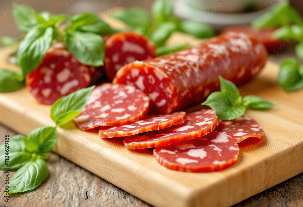 Sliced salami or chorizo sausage on a wooden cutting board, garnished with fresh green basil leaves Sliced salami or chorizo sausage on a wooden cutting board, garnished with fresh green basil leaves
