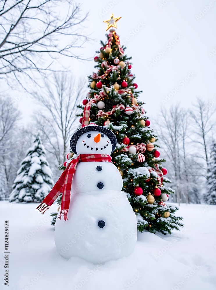 Obraz premium Beautiful snowman in winter landscape