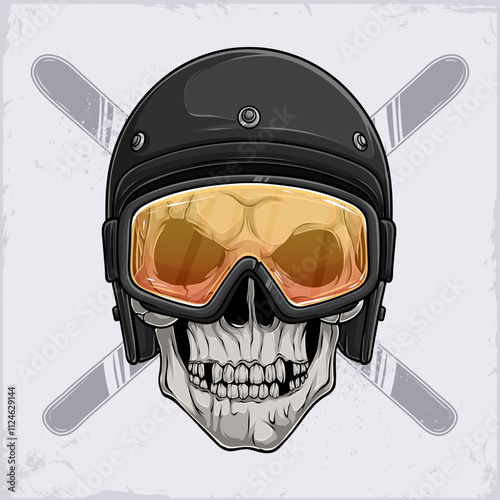 Hand drawn human skull wears snowboarding helmet with yellow goggles, skiing boards on background