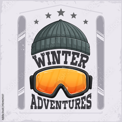 Hand drawn winter snowboarding equipment goggles, snowboards,  knit cap for winter adventures