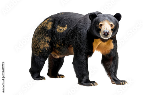 Hyper-realistic depiction of a sun bear isolated on a pure white background, perfect for educational and wildlife awareness campaigns. photo