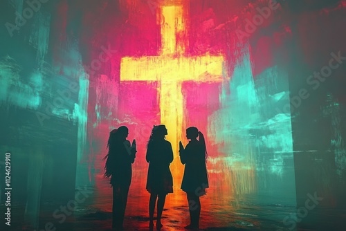 Prayerful Silhouettes Transcending with Illuminated Cross and Vibrant Colors in Surreal Digital Art photo