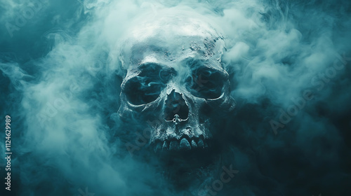 Scary Halloween Skull in Fog Background, Wallpaper