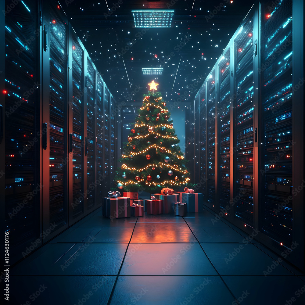 custom made wallpaper toronto digitalDecorated Christmas tree with gifts inside a server room. Concept of Christmas celebration in the IT industry.