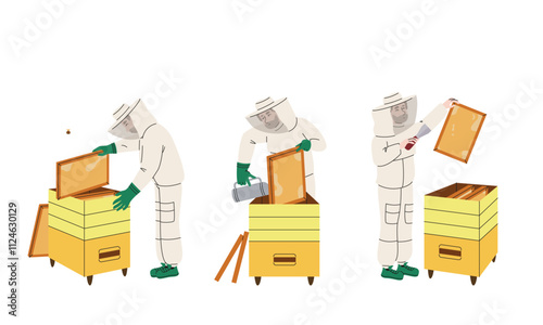 Beekeeper in different poses. Male character in linear flat style.