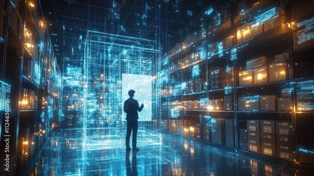 Futuristic Warehouse Management with Holographic Technology and Automation in Cyberpunk Environment Futuristic Warehouse Management with Holographic Technology and Automation in Cyberpunk Environment