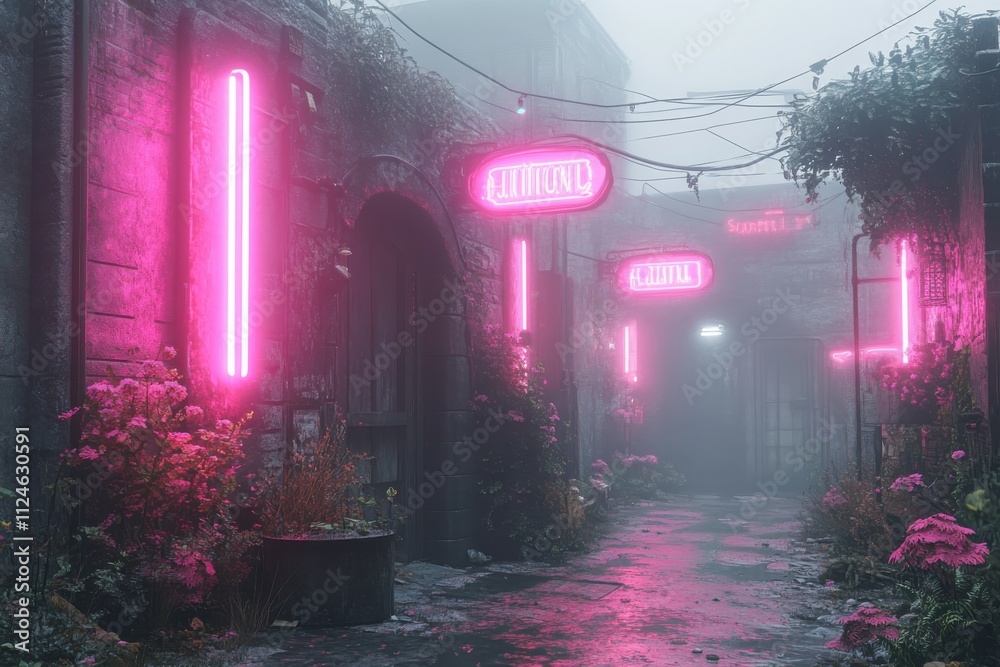 A foggy alley adorned with neon signs and vibrant flowers, creating a surreal atmosphere. A foggy alley adorned with neon signs and vibrant flowers, creating a surreal atmosphere.