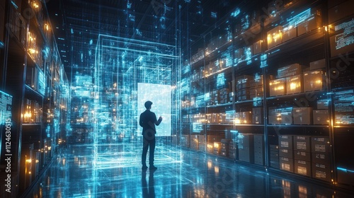 Wallpaper Mural Futuristic Warehouse Management with Holographic Technology and Automation in Cyberpunk Environment Torontodigital.ca