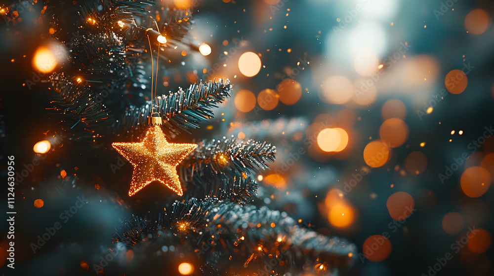 Richly decorated Christmas tree with ornaments and twinkling lights in cozy living room setting, Christmas, tree, decor Richly decorated Christmas tree with ornaments and twinkling lights in cozy living room setting, Christmas, tree, decor