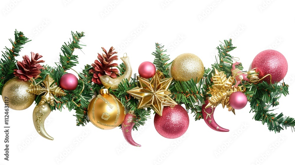 Christmas Branches Border with Christmas Decorations on White Background, Festive Embellishments for Holiday Cheer and Decor. Christmas Branches Border with Christmas Decorations on White Background, Festive Embellishments for Holiday Cheer and Decor.