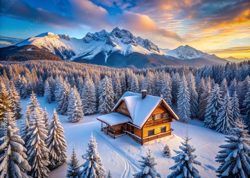 Aerial View of a Cozy Wooden House Nestled Among Snowy Trees in a Winter Mountain Landscape, Capturing the Essence of Tranquility and Warmth in the Heart of Nature Aerial View of a Cozy Wooden House Nestled Among Snowy Trees in a Winter Mountain Landscape, Capturing the Essence of Tranquility and Warmth in the Heart of Nature