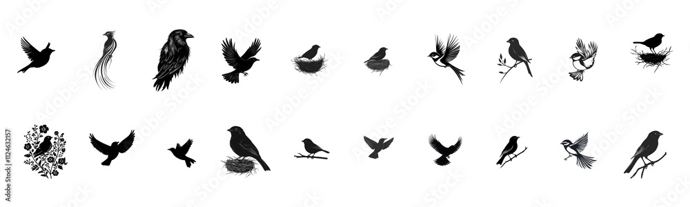 Collection of black and white bird silhouettes in various poses and settings. Collection of black and white bird silhouettes in various poses and settings.