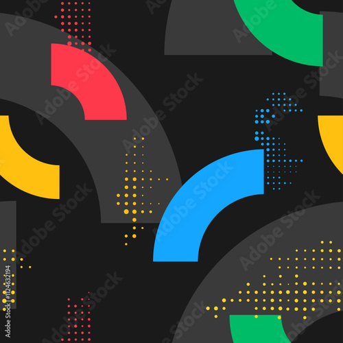 Vector illustration. Vibrant color seamless cool dark background with semicircle shapes and halftone dots. Design elements for social media template, web banner. Neo Memphis pattern wallpaper