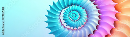 vibrant spiral shell design with shades of blue, pink, and orange creates mesmerizing abstract background. smooth curves and gradients evoke sense of tranquility and beauty