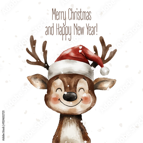 Vector Christmas greeting card design. Cute reindeer in a Sants's hat. Merry Christmas and Happy New Year poster. 