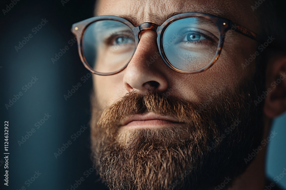 Closeup of a bearded man with glasses staring thoughtfully with a soft glow highlighting his face
Closeup of a bearded man with glasses staring thoughtfully with a soft glow highlighting his face