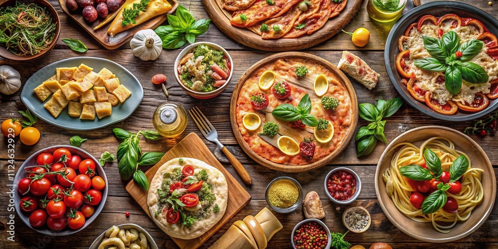 Aerial View of a Delicious Italian Food Menu Featuring Fresh Ingredients, Pasta Dishes, and Traditional Recipes for a Culinary Experience from Italy Perfect for Food Lovers Aerial View of a Delicious Italian Food Menu Featuring Fresh Ingredients, Pasta Dishes, and Traditional Recipes for a Culinary Experience from Italy Perfect for Food Lovers