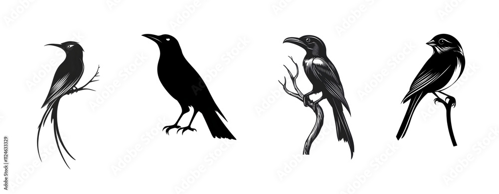 Four elegant black bird silhouettes in various poses on branches. Four elegant black bird silhouettes in various poses on branches.