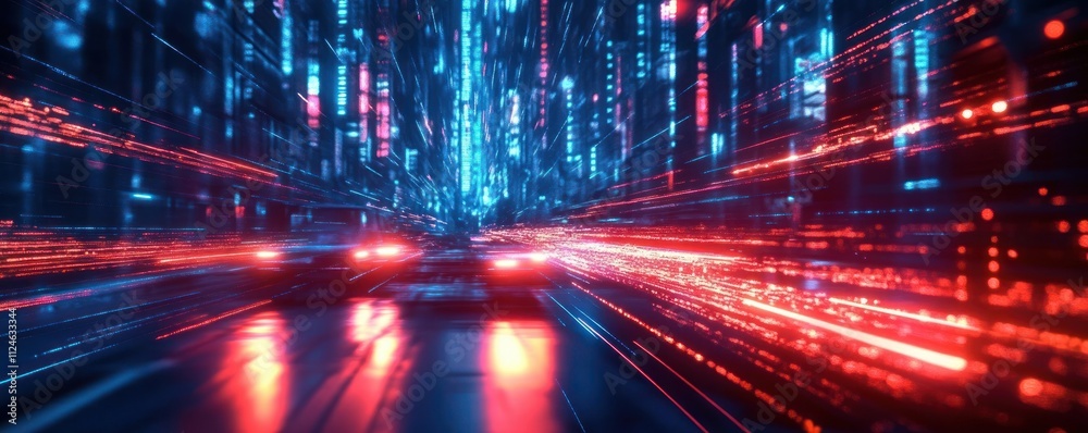 Futuristic Cyberpunk Cityscape with Neon Lights and Light Trails for Technology and AI Applications Futuristic Cyberpunk Cityscape with Neon Lights and Light Trails for Technology and AI Applications