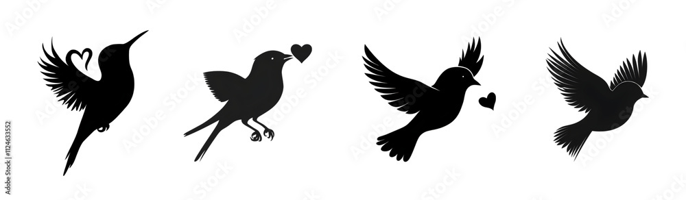 Fototapeta premium Four black silhouette birds with hearts, symbolizing love and freedom.