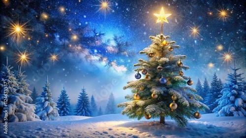 Christmas Tree In Snow Ball Hanging Fir Branch With Golden Glittering On Blue Abstract Night 