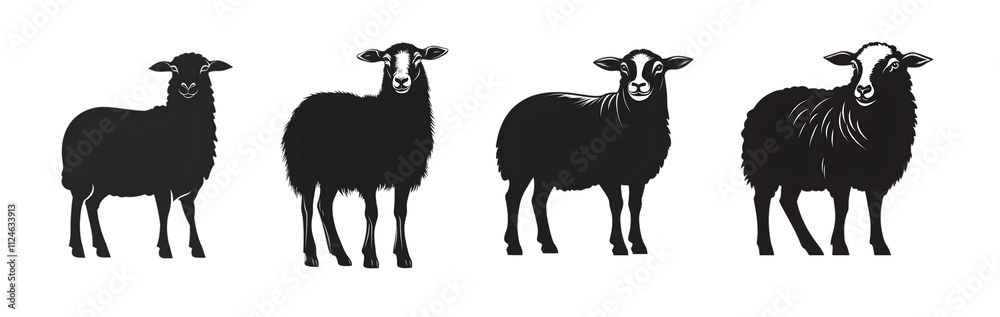 Four black sheep silhouettes in various poses, showcasing their unique features. Four black sheep silhouettes in various poses, showcasing their unique features.