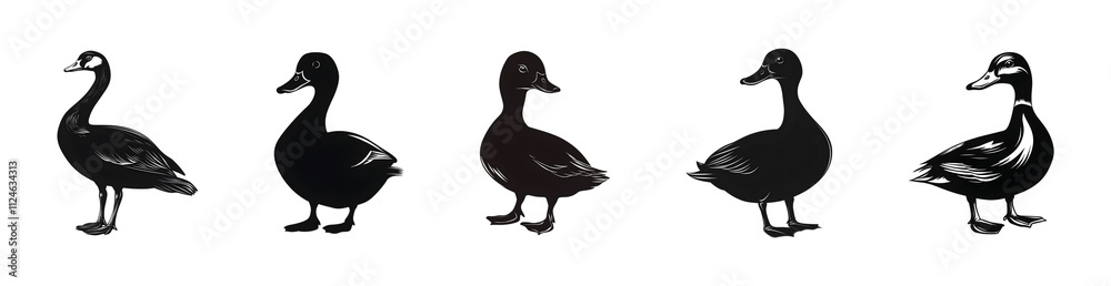 Five artistic silhouettes of ducks in various poses and profiles. Five artistic silhouettes of ducks in various poses and profiles.