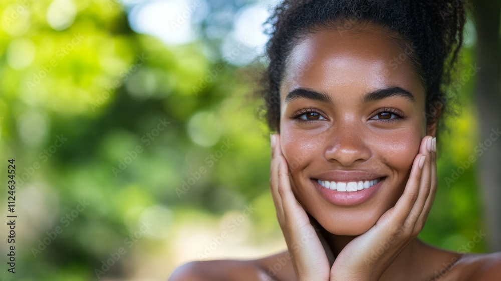 A woman is smiling warmly while gently touching her glowing skin against a muted pastel backdrop, creating a serene atmosphere perfect for marketing A woman is smiling warmly while gently touching her glowing skin against a muted pastel backdrop, creating a serene atmosphere perfect for marketing