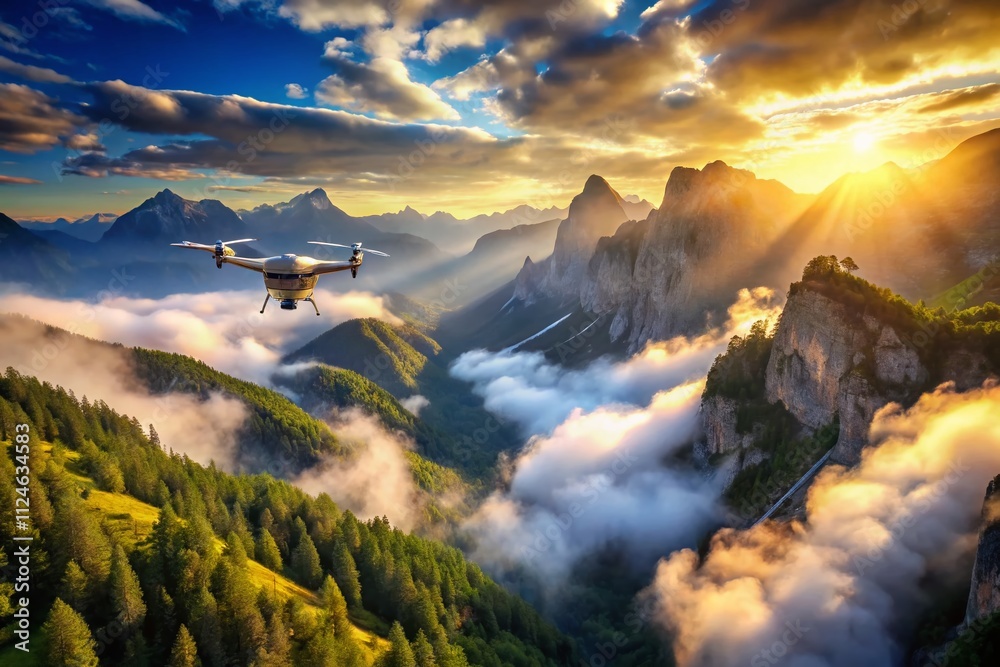 Aerial View of a Drone Flying Over Majestic Mountains Surrounded by Ethereal Clouds in a Scenic Landscape of Nature's Beauty and Serenity Aerial View of a Drone Flying Over Majestic Mountains Surrounded by Ethereal Clouds in a Scenic Landscape of Nature's Beauty and Serenity