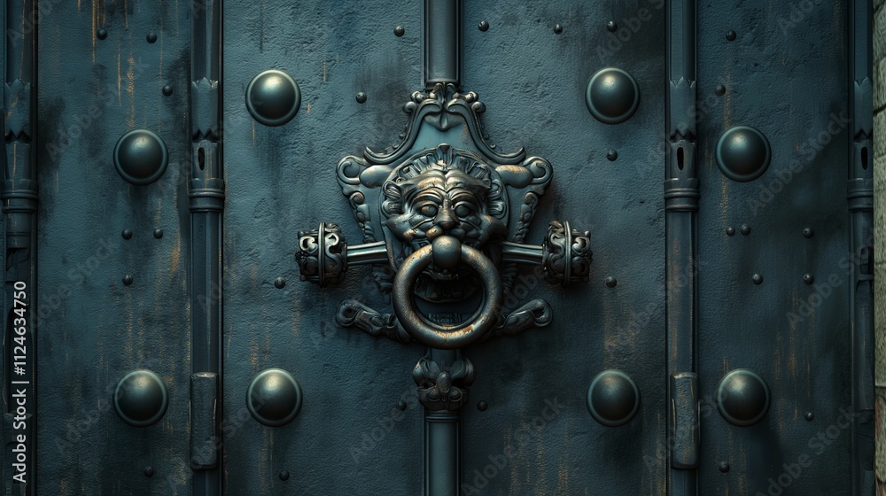 A massive, fortified castle door with heavy iron studs and a large, ornate knocker. A massive, fortified castle door with heavy iron studs and a large, ornate knocker.