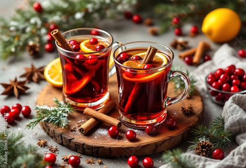 Two glasses of hot mulled wine or cider with cinnamon sticks, lemon slices, and fresh cranberries on a wooden board surrounded by spices and holiday decorations