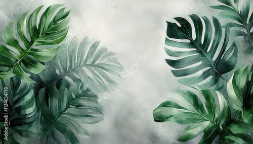 Watercolor Tropical Leaves Artwork with Gray Background Natural Light Interior Wall Mural