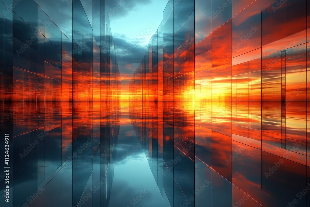 A vibrant sunset reflected in glass structures, creating a surreal, mirrored landscape. A vibrant sunset reflected in glass structures, creating a surreal, mirrored landscape.