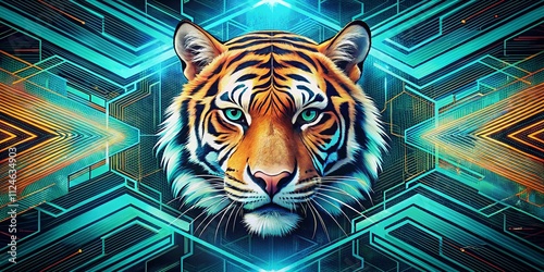 Aerial View of a Dynamic Futuristic Technology Background Featuring a Tiger Print Pattern in Retro Style for Use in Headers, Posters, and Flyers in Vector Graphics Format photo