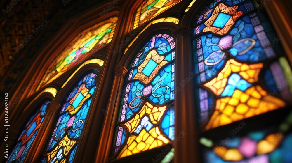 A photograph of a synagogue's intricate stained glass windows, illustrating the beauty of Jewish religious architecture A photograph of a synagogue's intricate stained glass windows, illustrating the beauty of Jewish religious architecture
