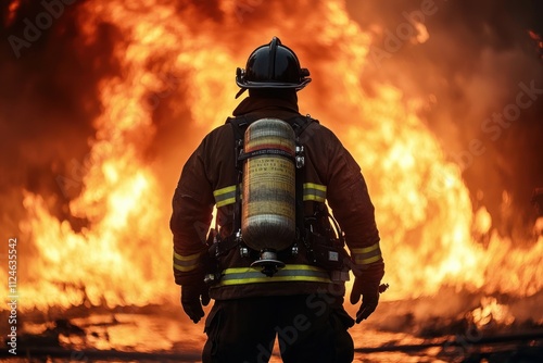 Firefighter Brave in Front of Massive Flames in Emergency Situation Danger Uniform Protection