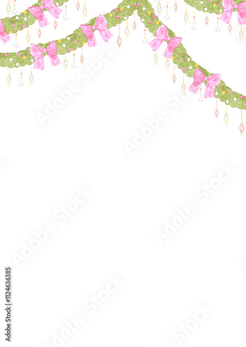 Christmas garlands frame border. Hand drawn watercolor illustration of spruce with bows isolated on white background. Can be used for postcard, label, scrapbook and other printed products.