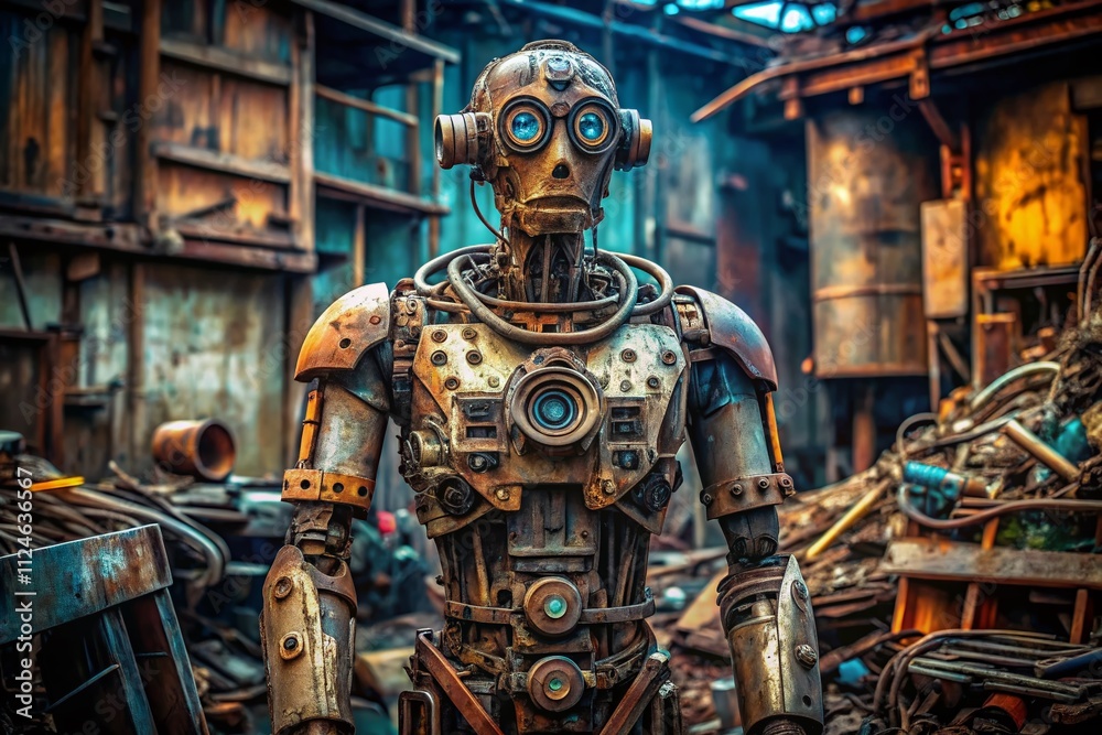 Aerial View of a Futuristic Humanoid AI Robot Crafted from Old Rustic Scrap Metal, Showcasing Intricate Details and Unique Design Elements Against a Stark Industrial Background Aerial View of a Futuristic Humanoid AI Robot Crafted from Old Rustic Scrap Metal, Showcasing Intricate Details and Unique Design Elements Against a Stark Industrial Background