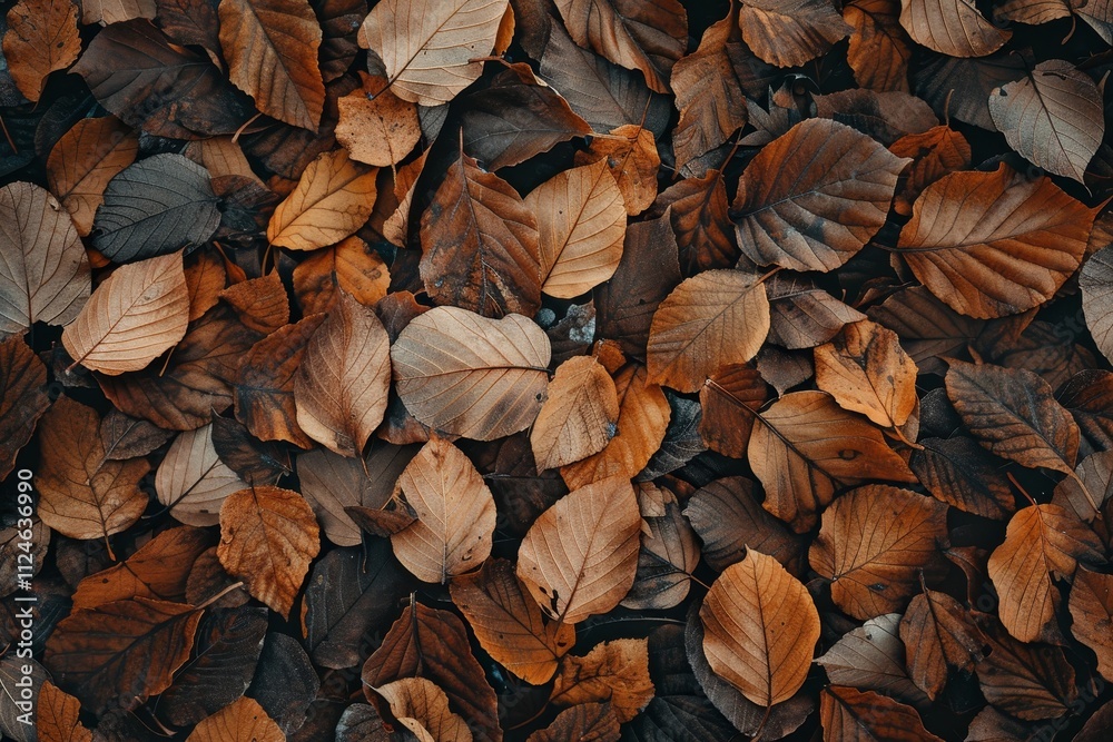 Fototapeta premium A vibrant collection of autumn leaves covers the ground, showcasing a rich palette of browns, oranges, and golds, creating a peaceful atmosphere in the forest.