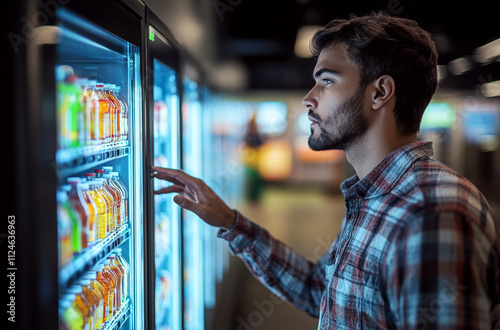 A man in a plaid shirt examines refrigerated drinks in a store aisle. Concept of shopping and choosing. For advertising beverages or store products. photo