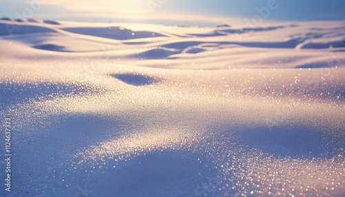  soft, shimmering snow dunes under warm light. 